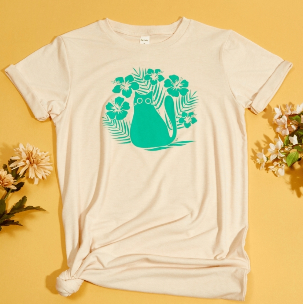 Cat Lady Tropicat Tee Shirt Soft Peachy Tan Women's Size Large